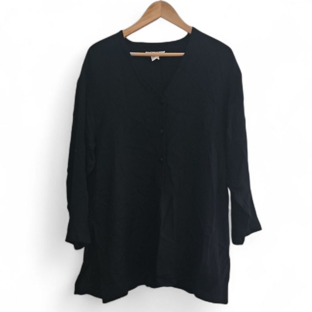 Paul Reid 100% Silk Tunic Blouse Sz L Black Button Front Minimalist Quiet Luxury